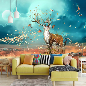 5D立体新品北欧电视背景墙纸简约浪漫麋鹿壁纸客厅沙发无纺布壁画