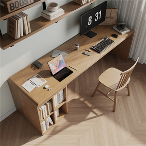 实木双人书桌书架书柜一体家用长条写字办公桌学生原木台式电脑桌
