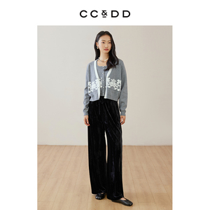 CCDD2024春季新款女装甜美时尚领口拼色V领灰色开衫针织长袖外套