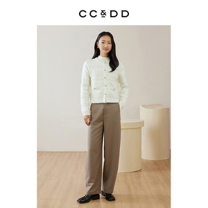 CCDD2024春季新款女装时尚百搭米白色短款小开衫圆领长袖针织外套