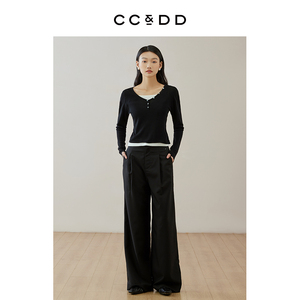 CCDD2024春季新款女装时尚修身黑色V领薄款假两件长袖针织套衫