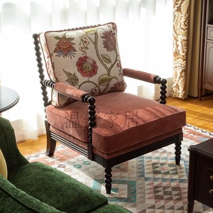 美式复古客厅布艺实木布艺沙发单人休闲沙发算盘圆珠实木椅子