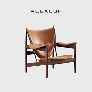 中古风酋长椅实木真皮沙发椅北欧现代客厅设计师复古轻奢休闲椅