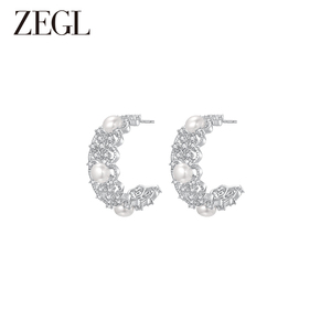 ZEGL设计师蕾丝系列镂空人造珍珠耳环女小众C型耳钉925银针耳饰品