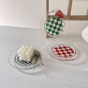 ins创意珠点棋盘格盘子玻璃甜品早餐盘点心蛋糕盘西餐盘装饰摆盘