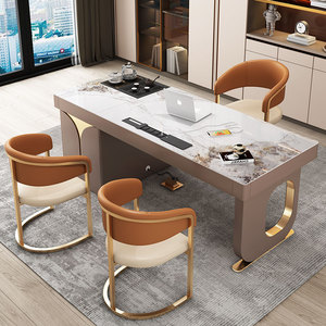 现代伸缩升降茶桌椅组合轻奢简约岩板办公书桌茶桌一体两用泡茶台