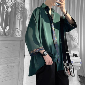 墨绿色七分袖衬衫男2024夏季设计感小众痞帅短袖衬衣DK领带制服JK