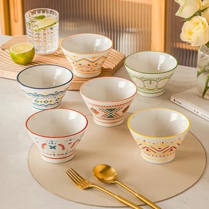日式陶瓷釉下彩5英寸斗笠碗餐具家用米饭碗防烫高脚碗沙拉甜品碗