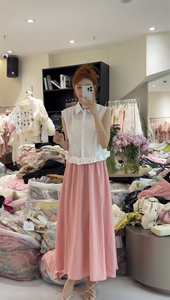 89572花瓣无袖衬衫粉色中长款A字裙小清新两件套设计感女装夏套装