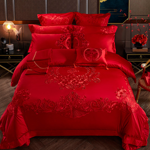 100s支全棉婚庆四件套刺绣婚房床上用品大红色喜被子结婚六十件套