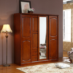现代中式实木推拉衣柜4门香樟木衣橱穿衣镜储物柜整体带抽家具