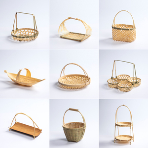 竹编小提篮圆形提手茶点水果篮子 糕点托盘创意小竹篮 多层竹编篮