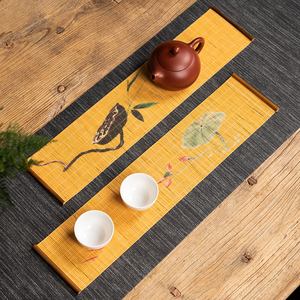 竹制印花小茶席喷绘禅意桌旗茶垫古典中式水墨风茶帘长杯垫隔热垫