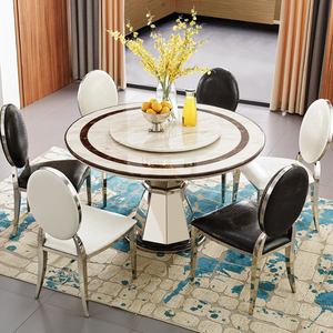 大理石餐桌现代简约家用小户型餐桌椅组合圆型餐桌饭桌餐台不锈钢