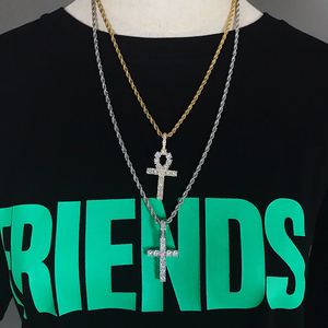 欧美高品质安赫钥匙十字架双层项链男潮hiphop嘻哈街头镶锆石吊坠