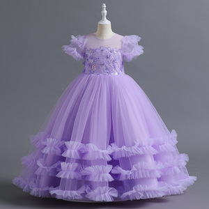 女童小孩礼服小女孩公主裙主持人白色婚纱裙紫色衣服连衣裙小裙子