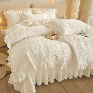 A类全夹棉绗缝床上四件套床盖款荷叶花边被套床单高级感四季通用