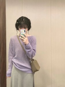 2024春装新款紫色长袖薄款毛衣宽松套头针织衫女韩系慵懒外搭上衣