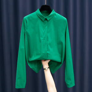 【清仓】春装衬衣时尚糖果色欧货宝石绿色衬衫女设计感港风上衣