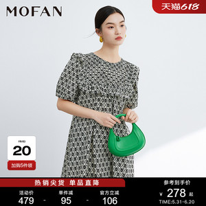 MOFAN摩凡黑色几何娃娃衫连衣裙女短款春夏甜美高腰泡泡袖A字裙