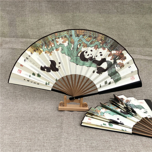 创意熊猫男士大折扇绢布折叠扇子翠竹熊猫手工艺扇子四川成都纪念
