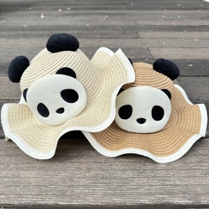 可爱熊猫儿童编织草帽波浪彩色遮阳帽子沙滩帽夏季防晒帽子出行帽
