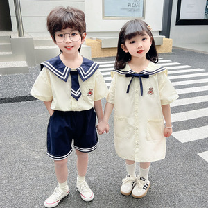 儿童夏季兄妹装套装新款韩版男女童学院风两件套姐弟装夏裙子童装