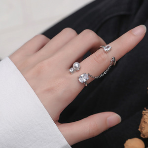 S925纯银原创个性组合套戒关节指环女式韩版链条珍珠锆石开口戒指