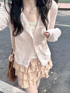 韩系温柔风粉色镂空针织衫外套女春夏季修身短款叠穿绝美防晒开衫