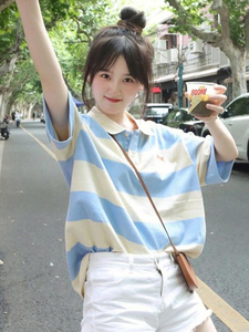 日系甜美polo衫短袖t恤女夏季条纹撞色设计感小众盐系纯棉上衣潮