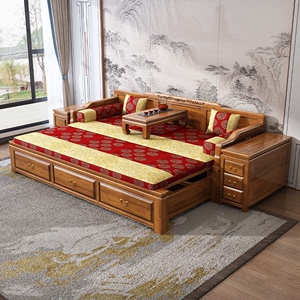 新中式香樟木实木推拉罗汉床客厅可伸缩折叠两用沙发床罗汉榻带抽