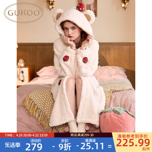 Gukoo/果壳睡衣女冬季草莓睡袍菠萝格薄款保暖女士家居服套装D