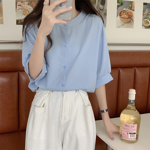 法式温柔系蓝色衬衫女装短袖衬衣春季新款宽松设计感独特气质上衣