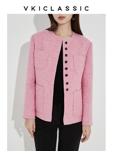 VKICLASSIC粉色财阀千金/哈里斯风格全羊毛浪漫优雅法式香风外套