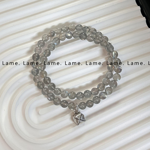 Lame原创天然水晶手链灰月光石拉长石双圈纯银复古新中式情侣手串