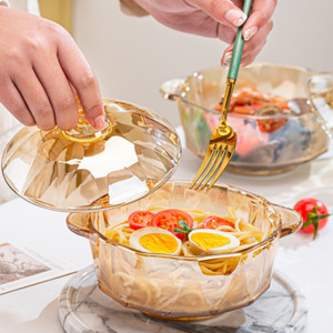 琥珀色玻璃汤煲水果沙拉泡面碗双耳煲茶色玻璃碗带盖家用耐热汤锅