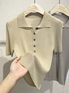 专柜高级感天丝短袖针织衫Polo领女夏季薄款2022新款翻领冰丝上衣