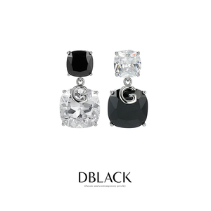 DBLACK不对称AB款方形方块黑白锆石水晶耳环耳饰女小香风轻奢耳钉