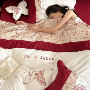 蝴蝶玫瑰刺绣全棉100s长绒棉红色婚庆床上四件套结婚被套床单床笠