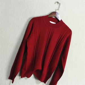 W17~出口日单 外贸尾单 精致纯羊毛衫 暗红色圆领扭绳纯色毛衣女