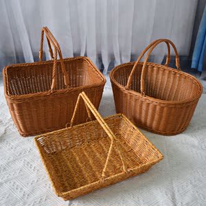 仿藤塑料编织提手方形野餐篮塑料篮购物篮菜篮采摘果篮子果蔬篮