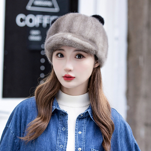 水貂毛皮草帽子女冬季韩版加厚可爱猫耳朵帽时尚洋气加厚鸭舌帽子