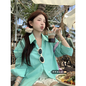 韩系薄荷绿长袖衬衫女装春季2024新款设计感宽松防晒衬衣小众上衣