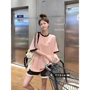 休闲套装女夏季韩系宽松条纹纯棉短袖T恤蕾丝花边运动短裤两件套