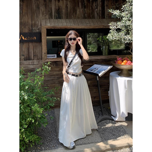 韩系套装女夏季甜辣短款白色短袖T恤高腰A字半身裙气质长裙两件套