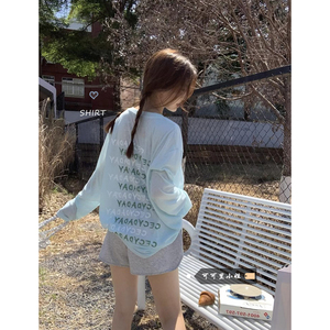 韩系chic薄款防晒长袖T恤女夏季撞色字母印花慵懒风宽松罩衫上衣