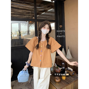 甜美风泡泡袖衬衫女夏季韩系设计感彩色纽扣短袖衬衣宽松减龄上衣