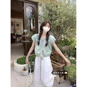 甜美泡泡袖衬衫女夏季韩系设计感抽绳短袖衬衣小清新绿色短款上衣
