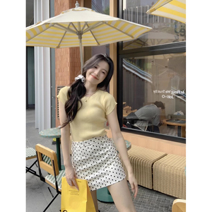 韩系套装女夏季小清新黄色针织短袖T恤波点高腰包臀半身裙两件套