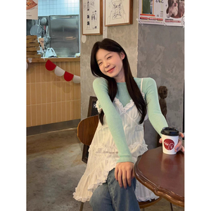 韩系甜美套装女早春薄荷绿打底针织衫叠穿木耳边吊带连衣裙两件套
